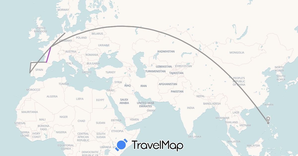 TravelMap itinerary: driving, plane, train in Germany, Spain, France, Philippines, Portugal (Asia, Europe)